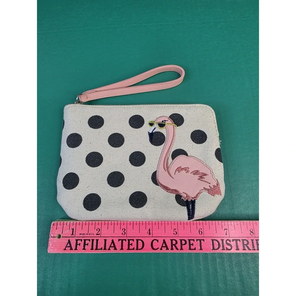 Old Navy Polka Dot Flamingo Wristlet Canvas Wallet Zips‎ With Loop Strap